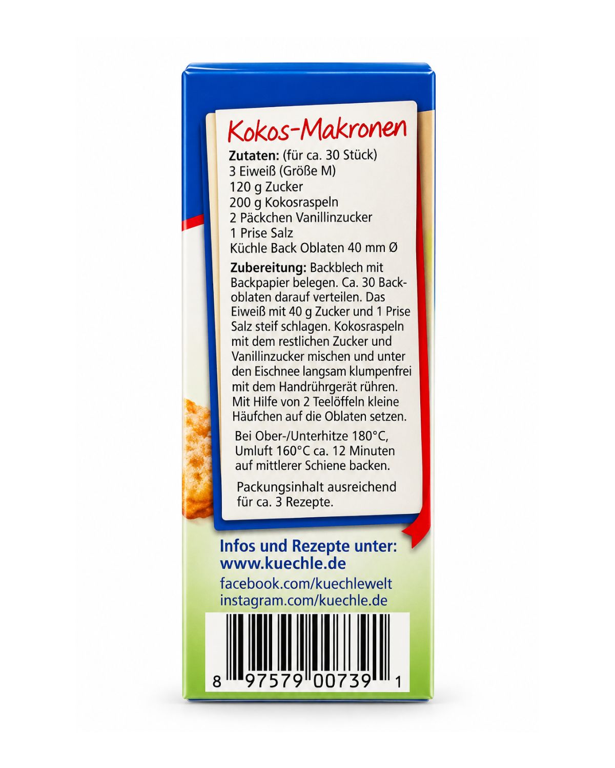 Küchle Bio Back Oblaten 40 mm baking wafers back box coconut macaroon recipe and barcode