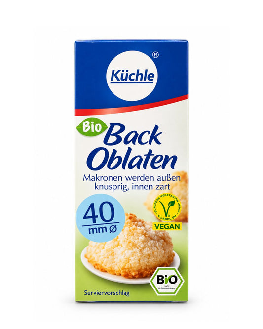 Küchle Bio Back Oblaten 40 mm organic vegan German baking wafers front box for coconut macaroons and Christmas cookies