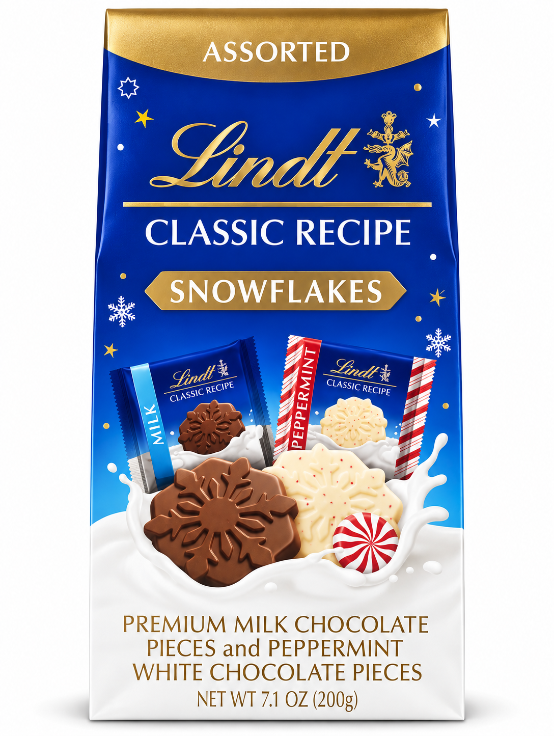 Lindt Classic Recipe Assorted Snowflakes milk chocolate and peppermint white chocolate pieces 7.1 oz 200 g