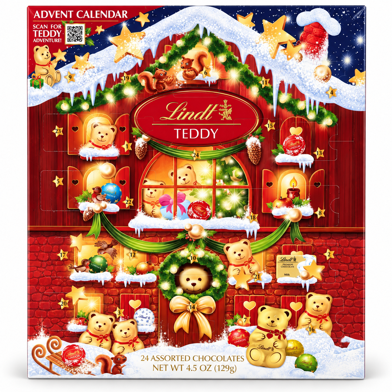 Lindt Teddy Advent Calendar with 24 assorted chocolates 4.5 oz Christmas gift