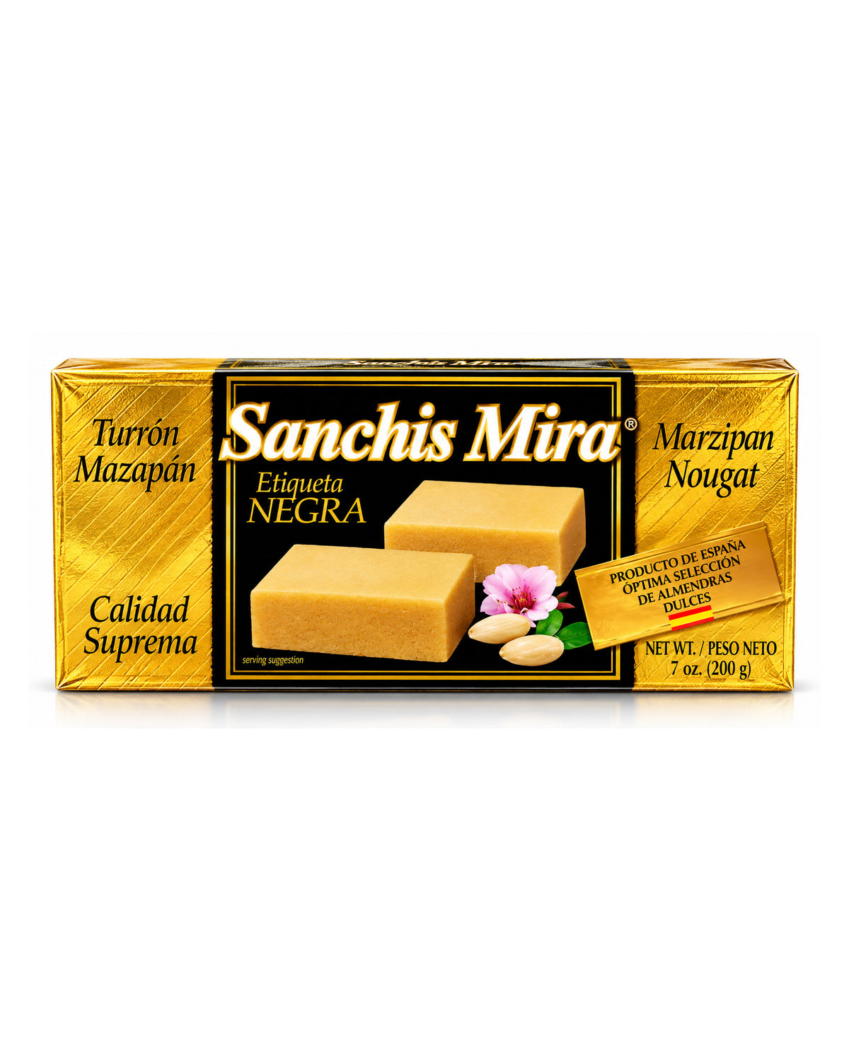 Sanchis Mira Etiqueta Negra Marzipan Turrón – Spanish Almond Nougat 7 oz product packaging