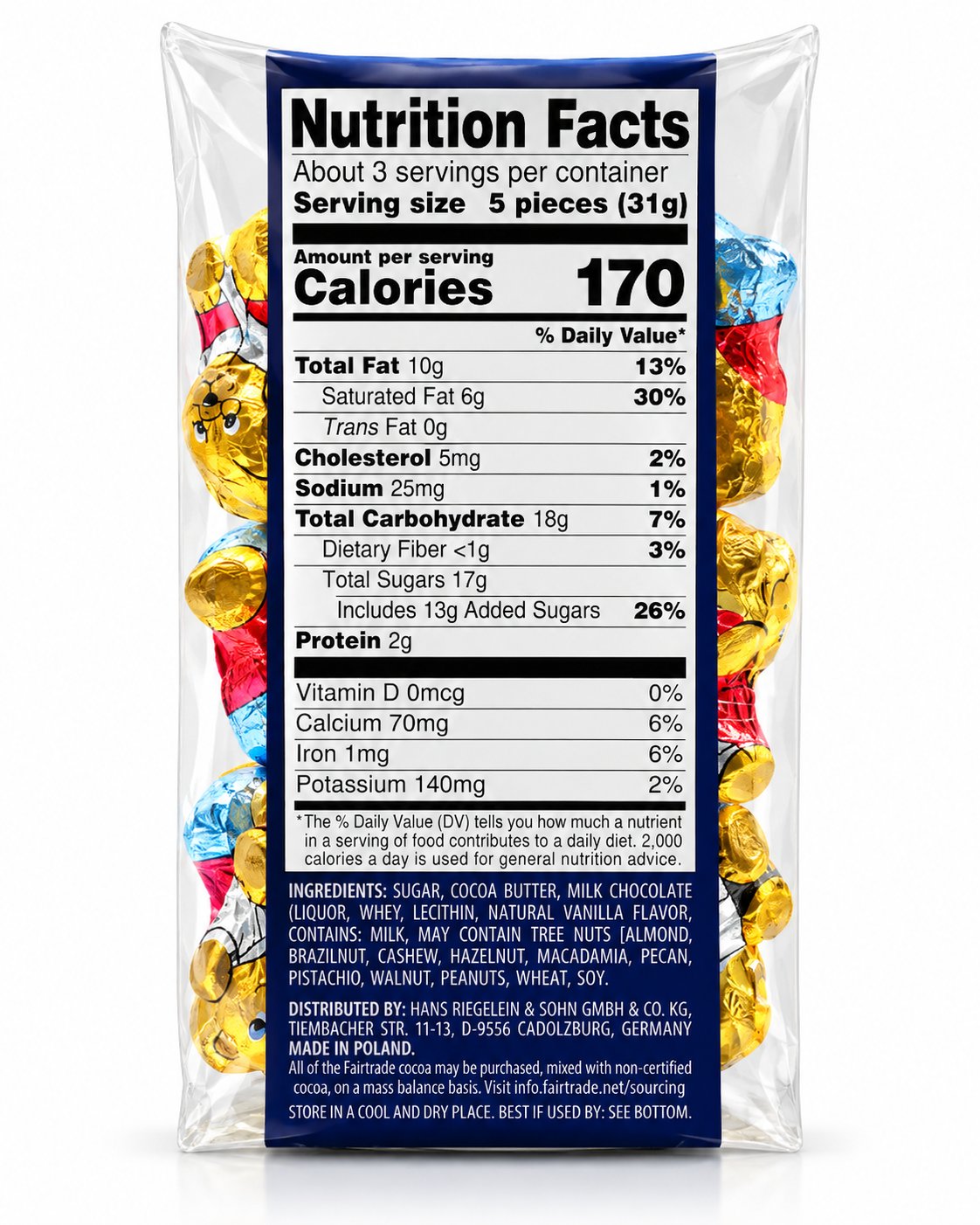 Riegelein Minis chocolate teddy bears 3.5 oz ingredients nutrition and allergen label