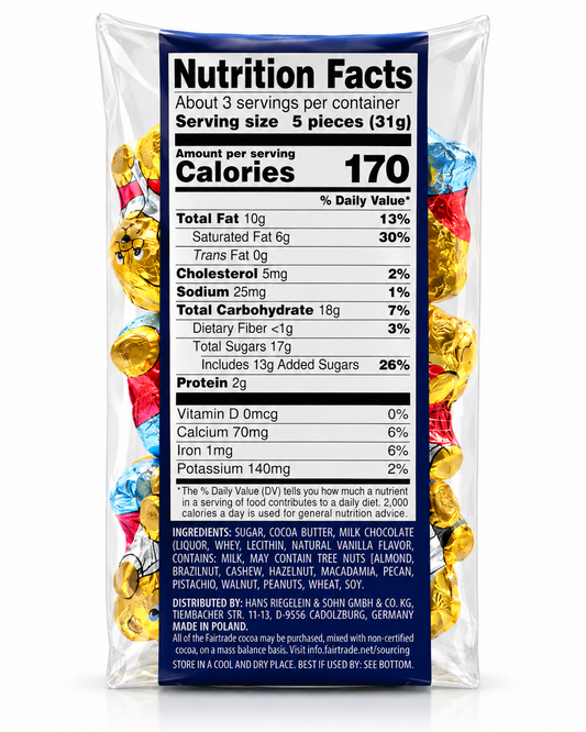 Riegelein Minis chocolate teddy bears 3.5 oz ingredients nutrition and allergen label
