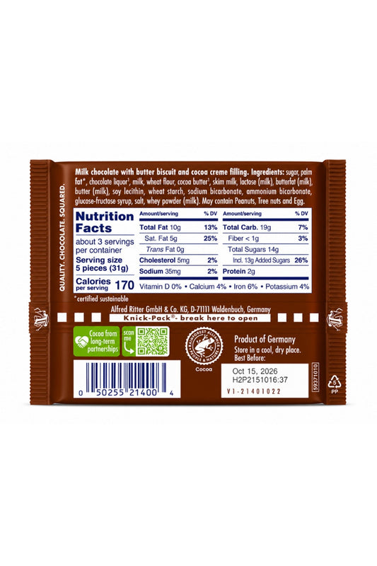 Ritter Sport Milk Chocolate with Butter Biscuit bar back, 3.5 oz