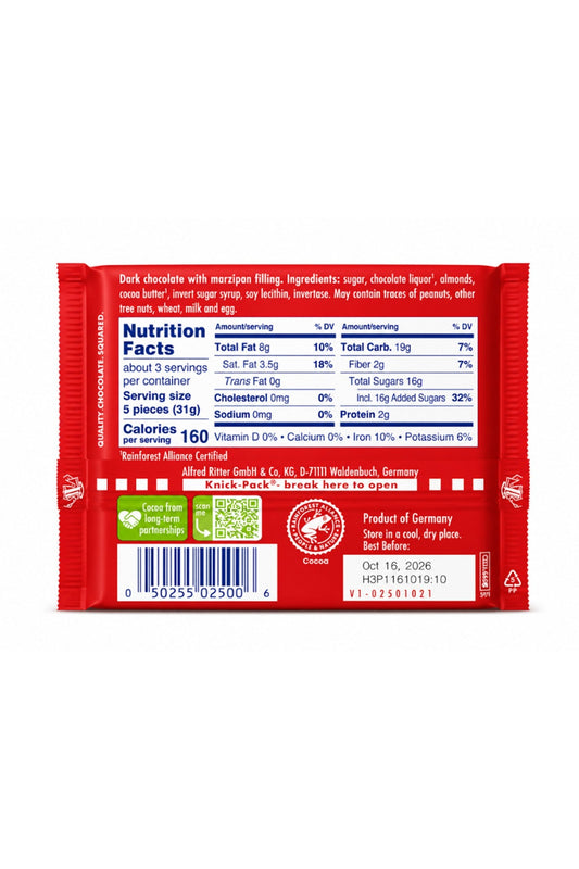 Ritter Sport Dark Chocolate with Marzipan Filling bar back, 3.5 oz