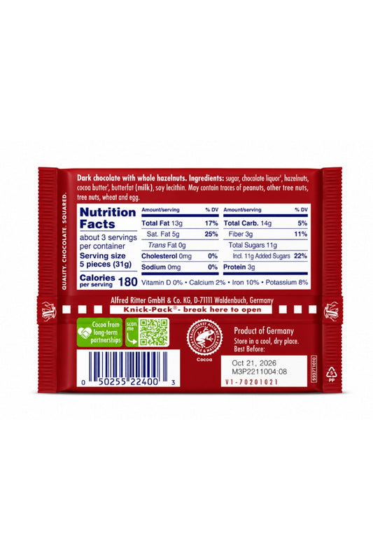Ritter Sport Dark Chocolate with Whole Hazelnuts bar back, 3.5 oz