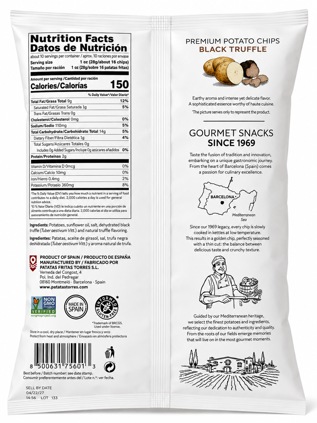 Torres Selecta Black Truffle Premium Potato Chips back package with nutrition facts ingredients and UPC