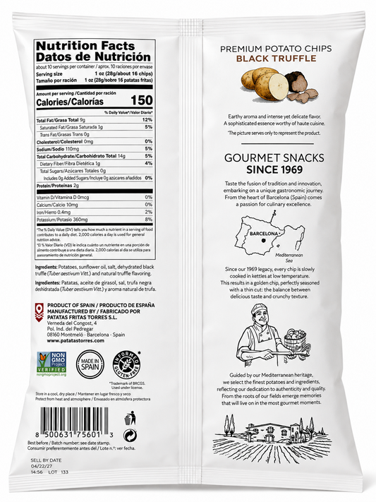 Torres Selecta Black Truffle Premium Potato Chips back package with nutrition facts ingredients and UPC