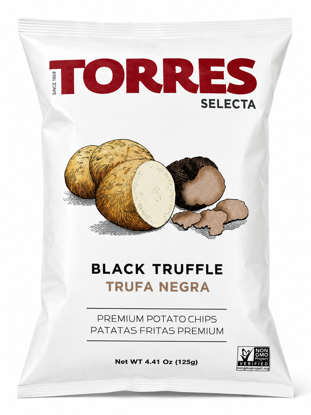Torres Selecta Black Truffle Premium Potato Chips 4.41 oz 125 g front package