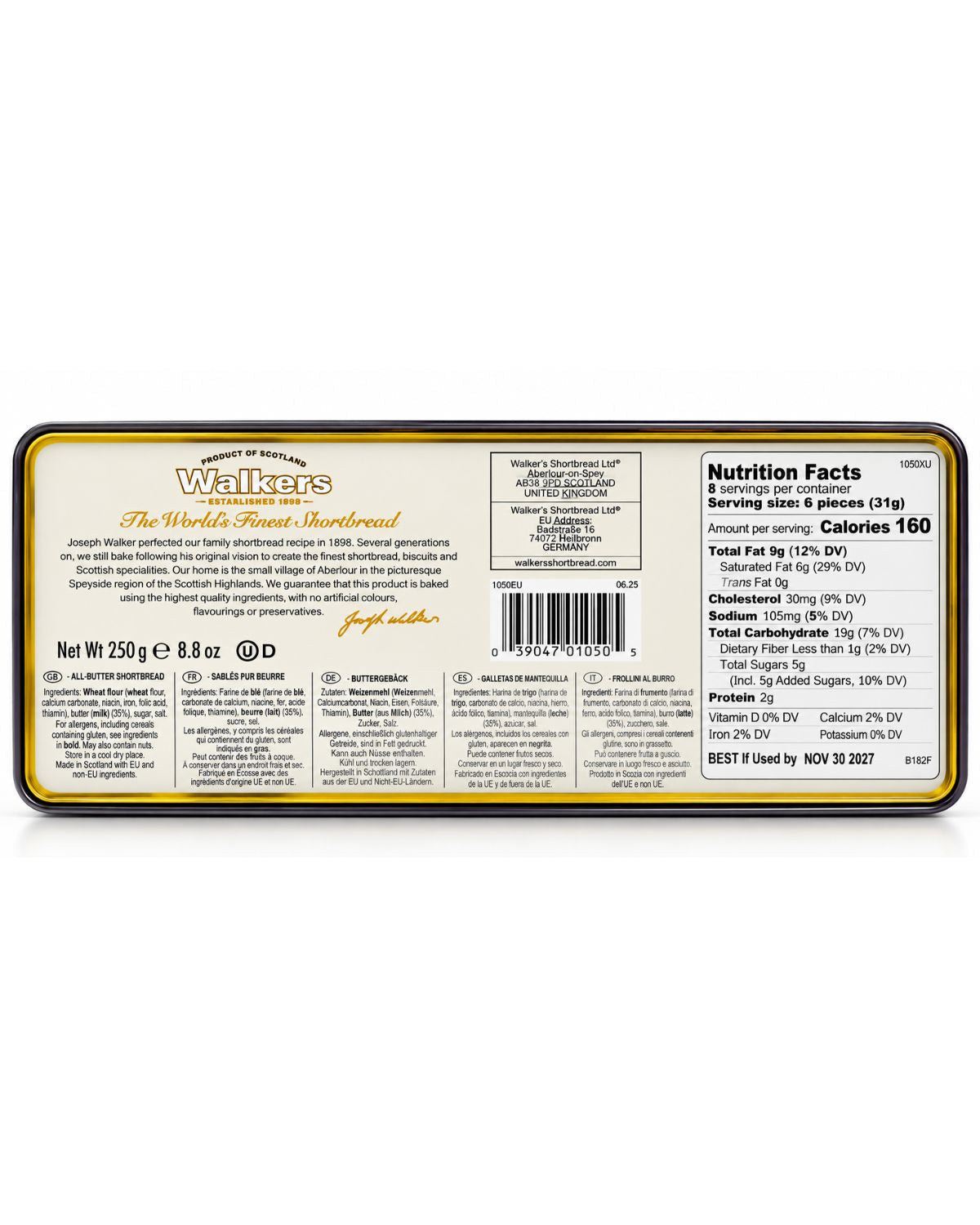 Walkers Scottish shortbread gift tin bottom label ingredients nutrition and barcode