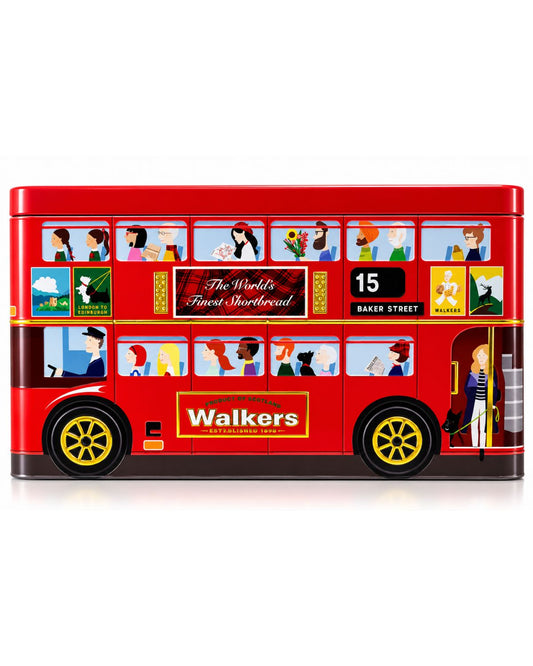 Walkers London red double decker bus shortbread tin side view
