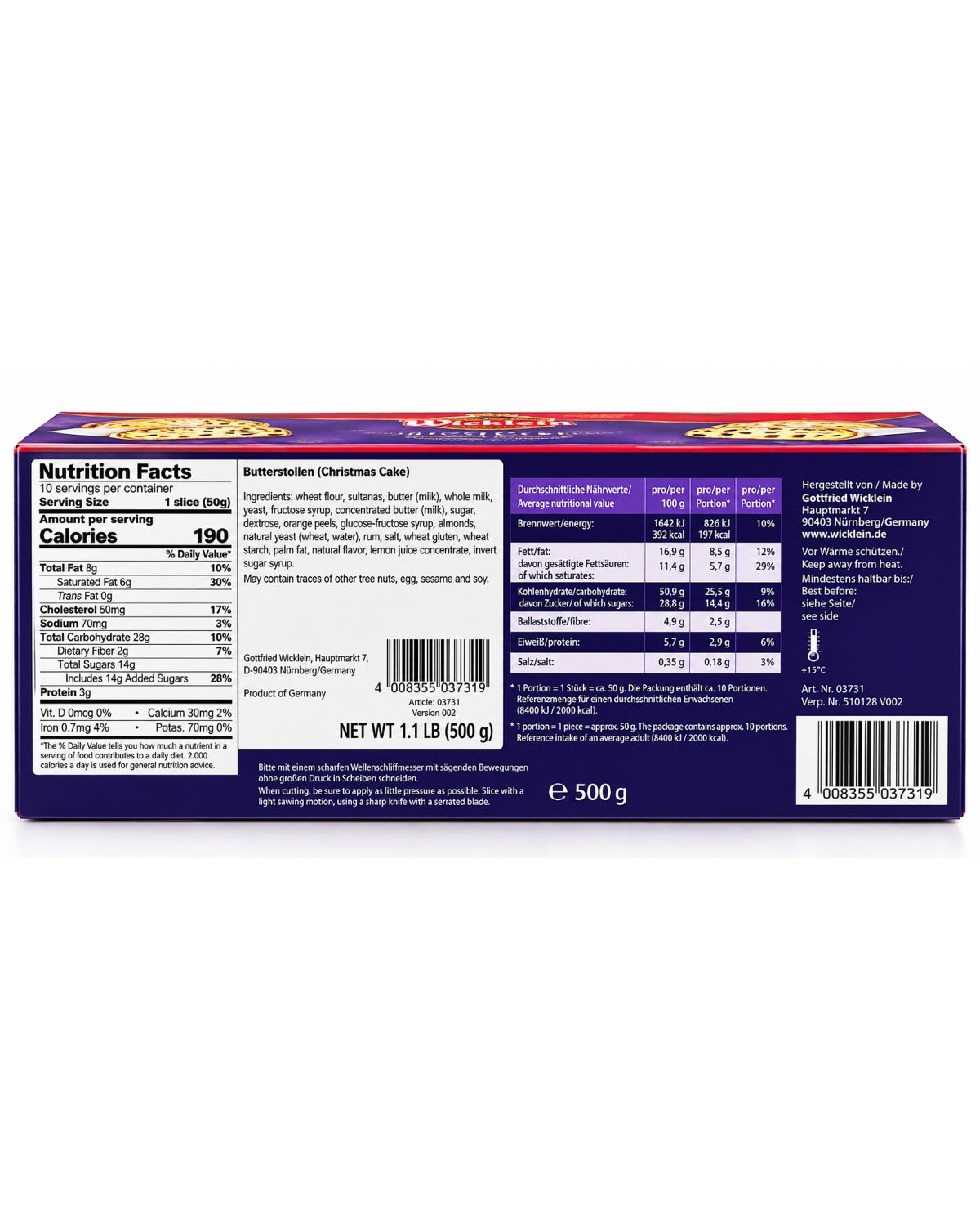 Wicklein Butterstollen ingredients nutrition and barcode back of box