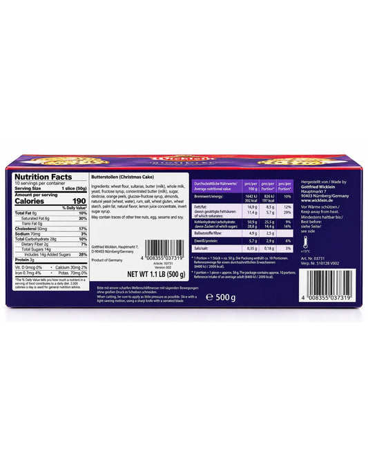 Wicklein Butterstollen ingredients nutrition and barcode back of box