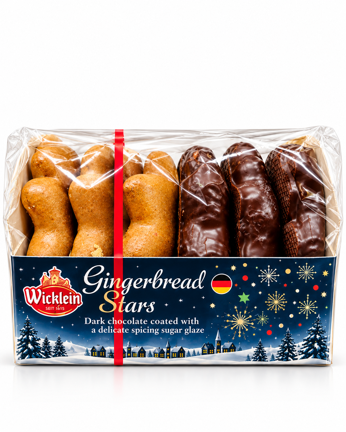 Wicklein Gingerbread Stars dark chocolate coated and sugar glazed German Christmas gingerbread front packaging