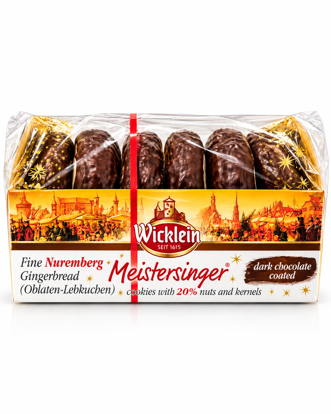 Wicklein Meistersinger dark chocolate coated Nuremberg gingerbread cookies holiday package front