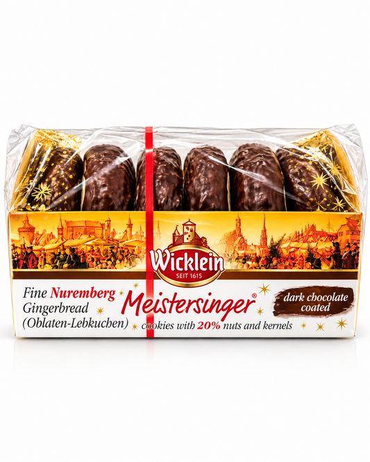 Wicklein Meistersinger dark chocolate coated Nuremberg gingerbread cookies holiday package front